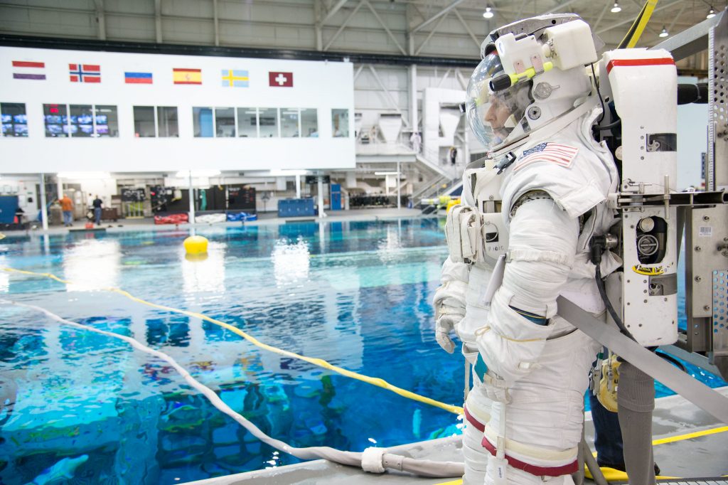  ESA astronaut Timothy Peake, awaits the start of a spacewalk training session